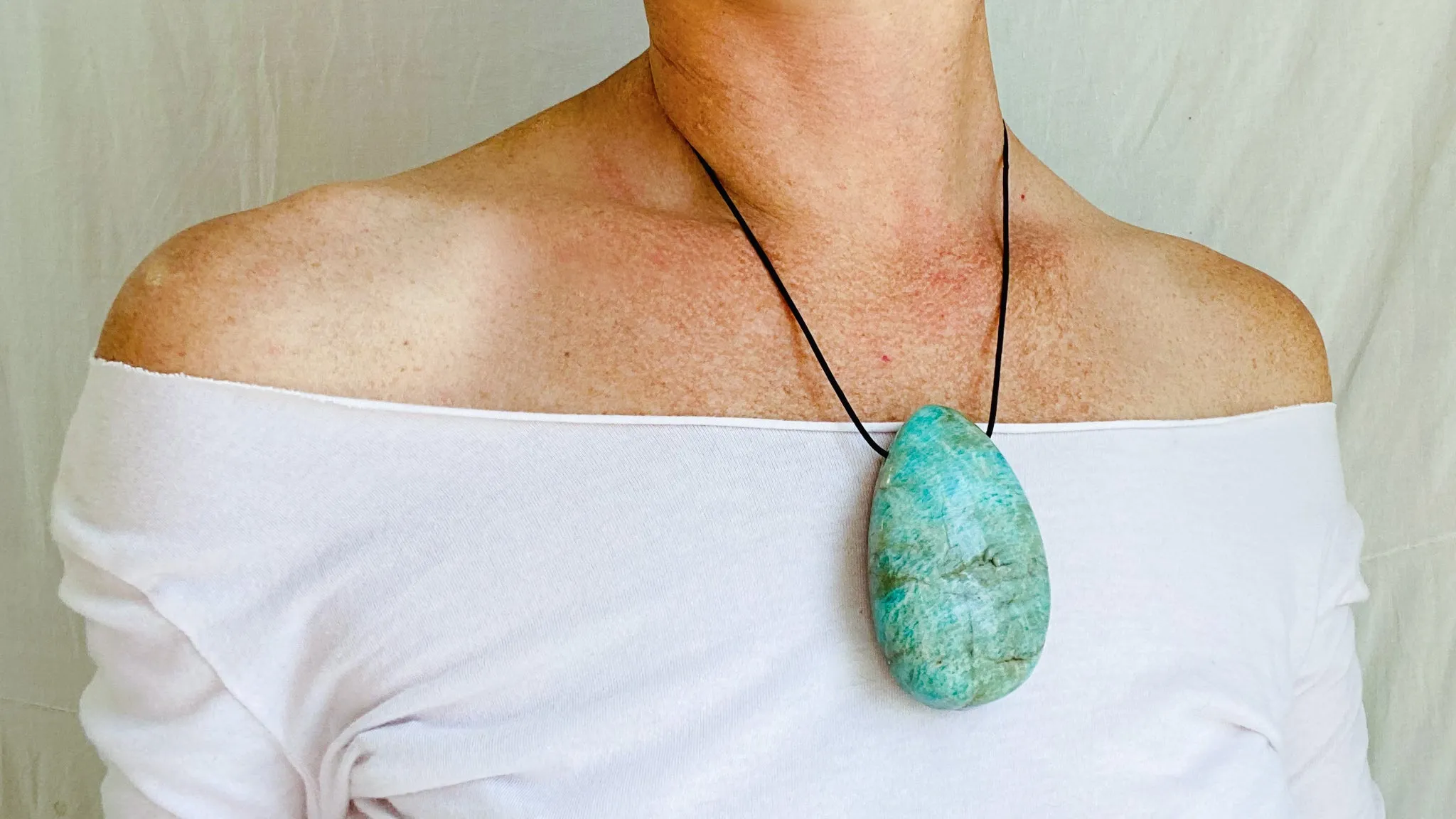 Large Amazonite Pendant. Leather & Silver Cord