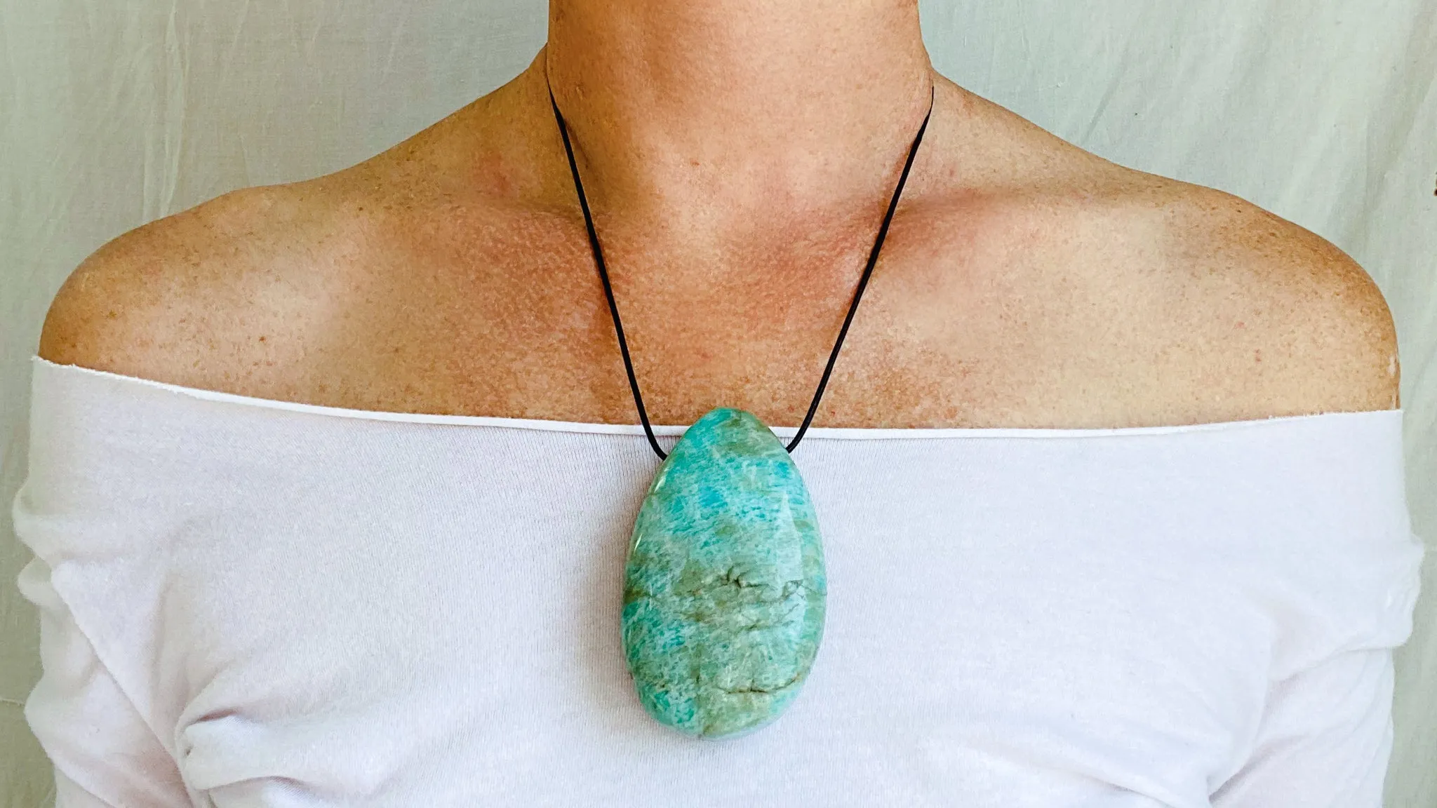 Large Amazonite Pendant. Leather & Silver Cord