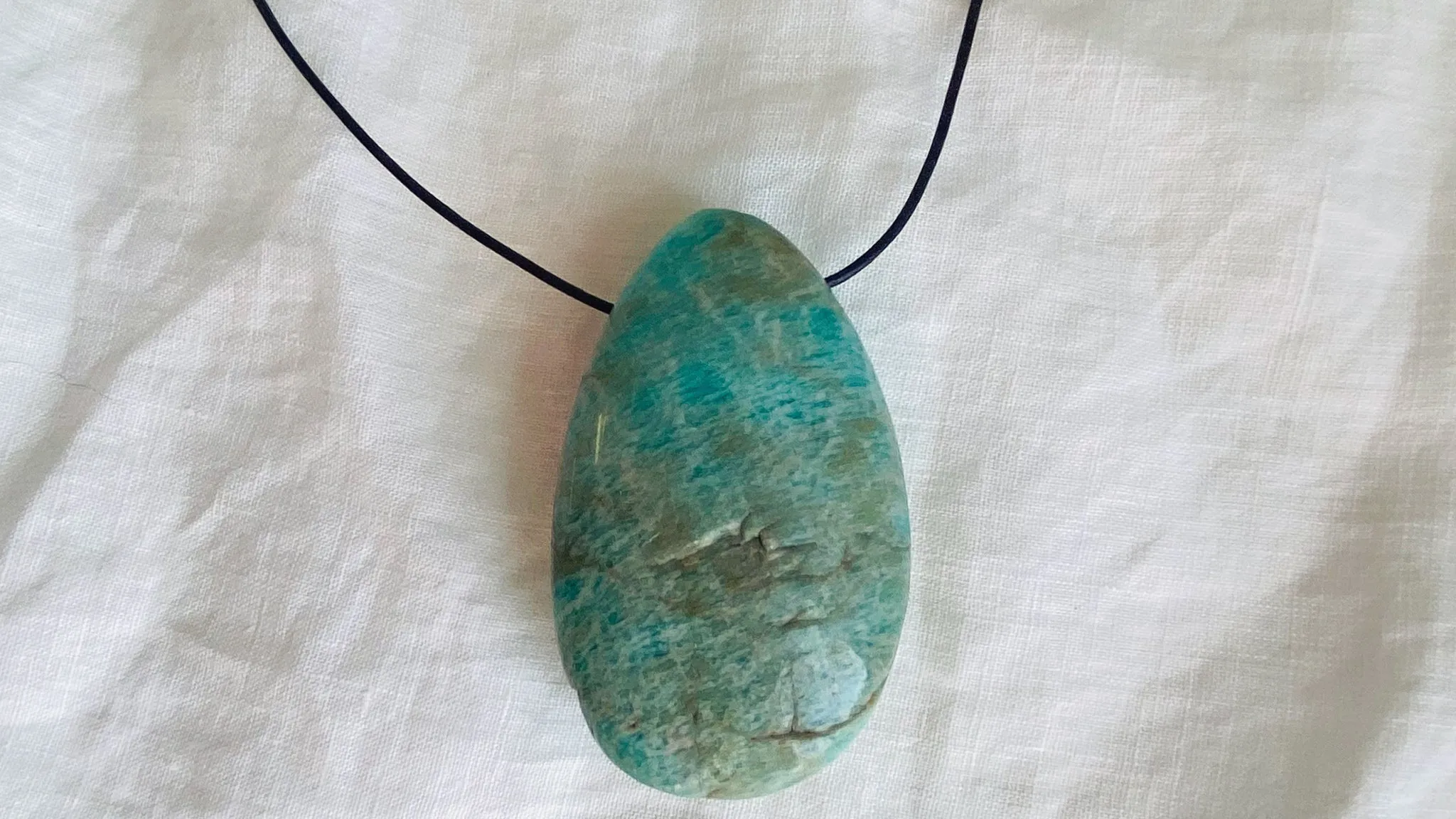 Large Amazonite Pendant. Leather & Silver Cord
