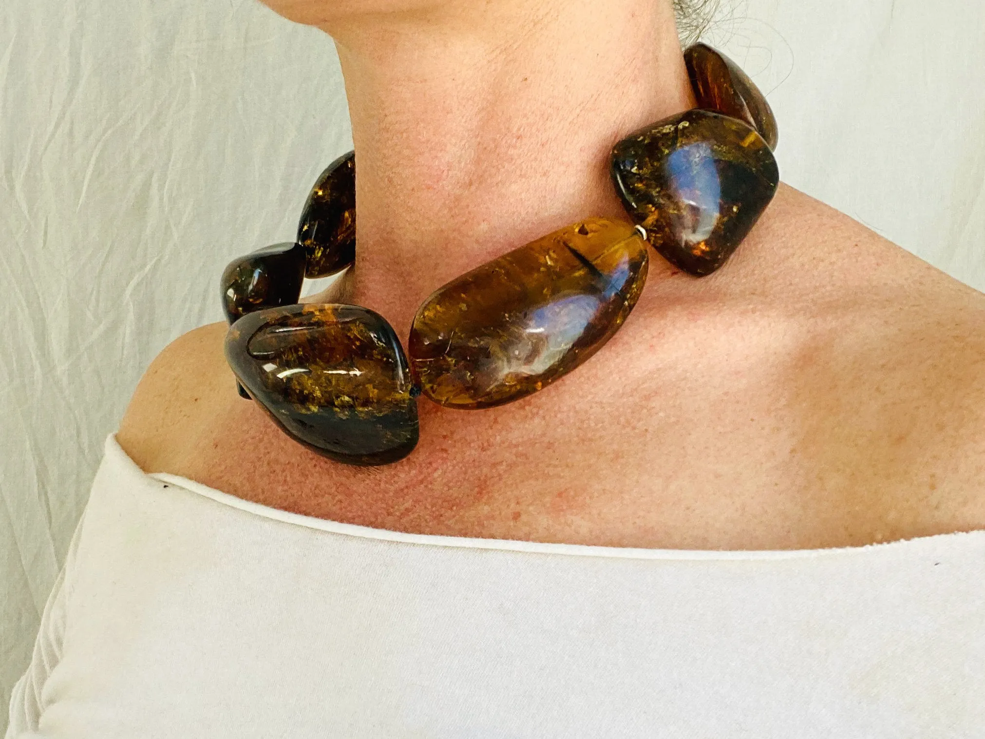 Large Amber Natural Nugget Beaded Choker Necklace. Mexican Amber.