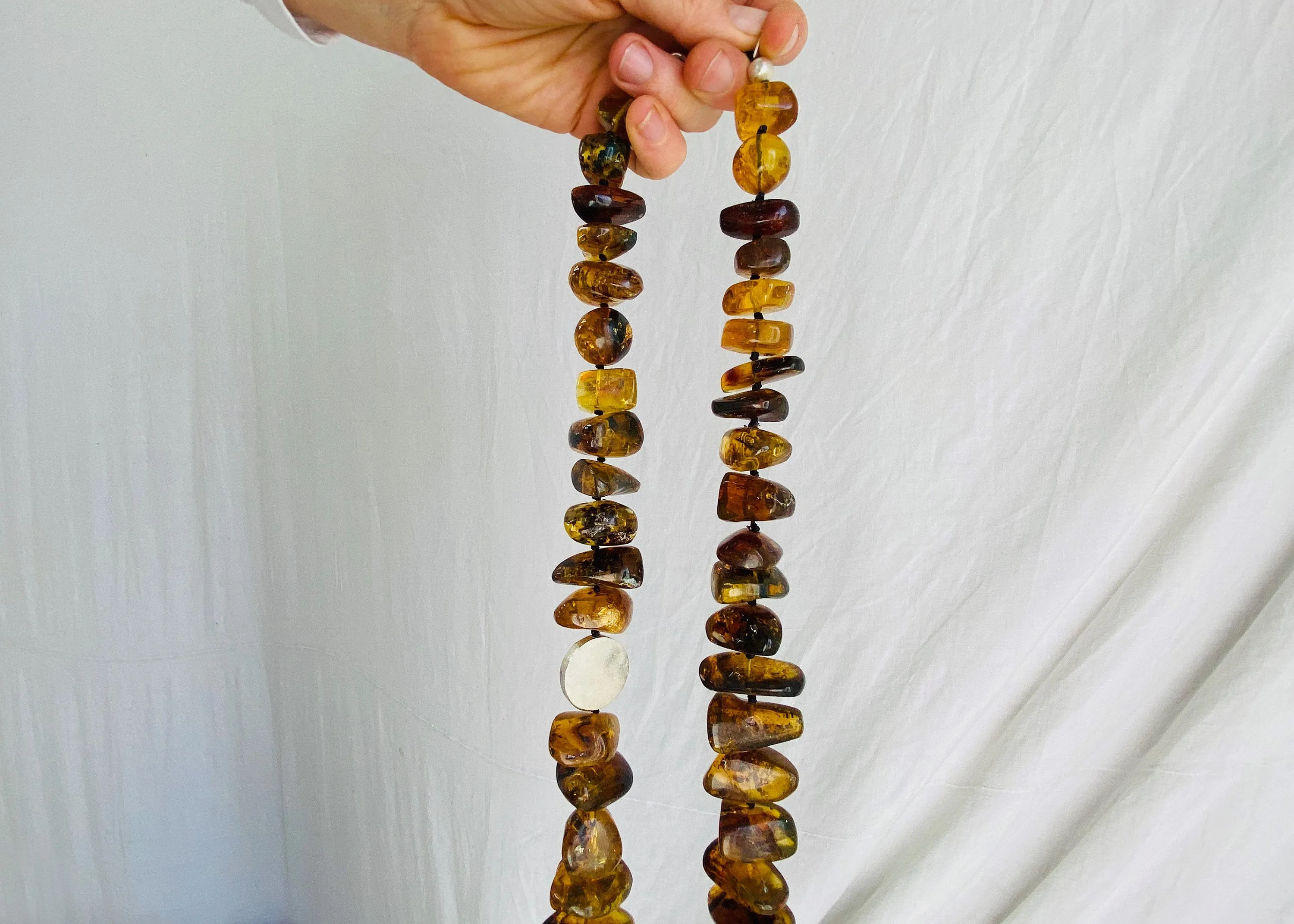 Long Amber & Silver Necklace.