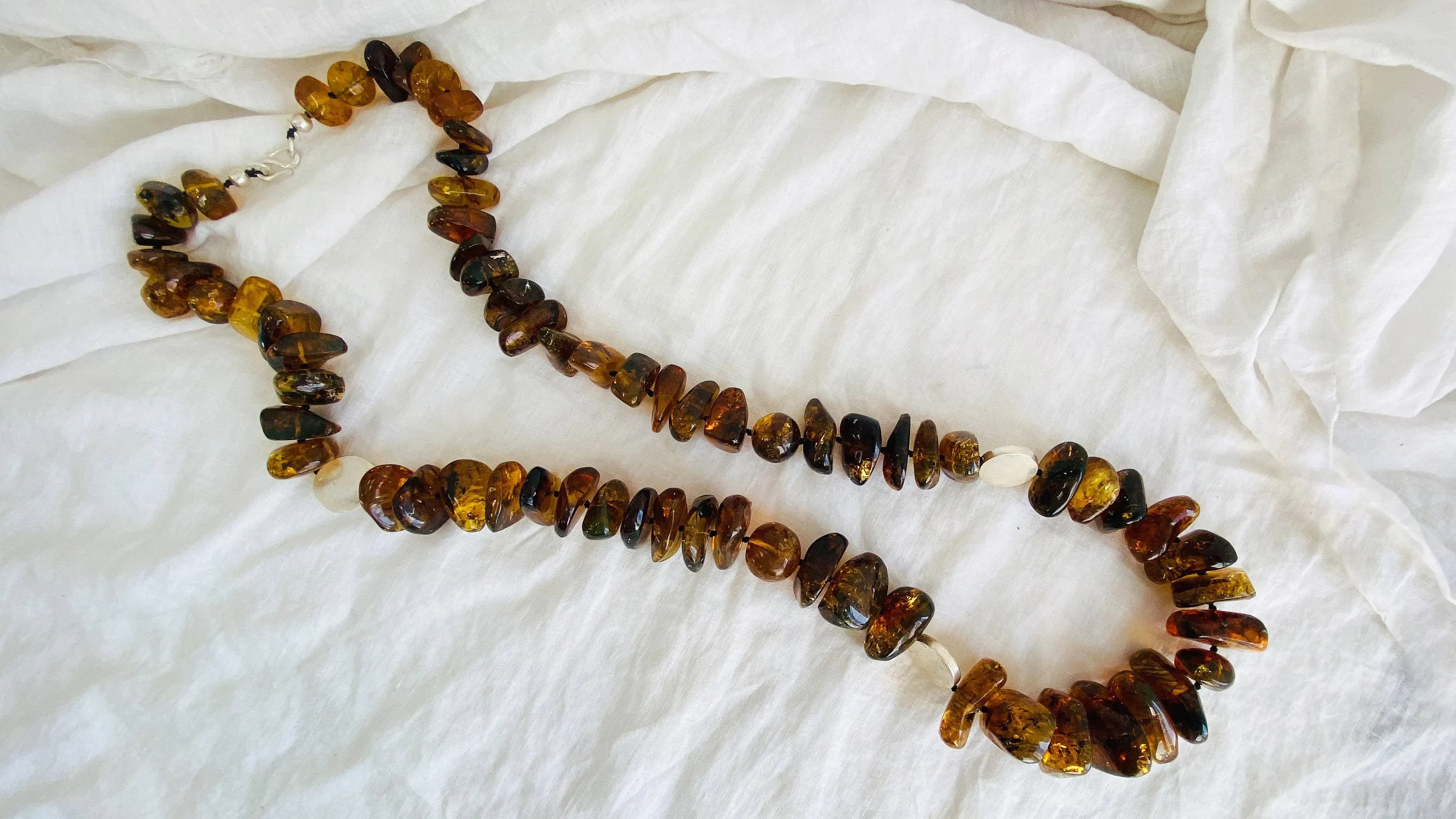 Long Amber & Silver Necklace.