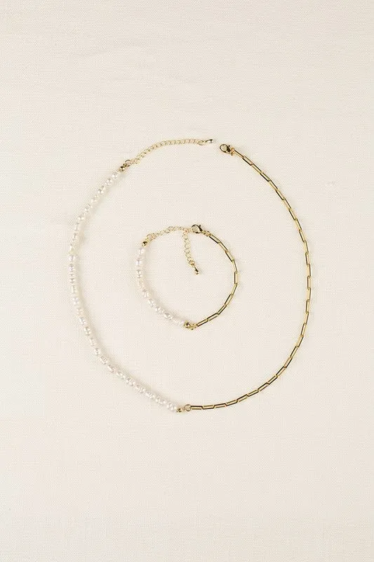 Natural pearl chain bracelet, necklace set - gold