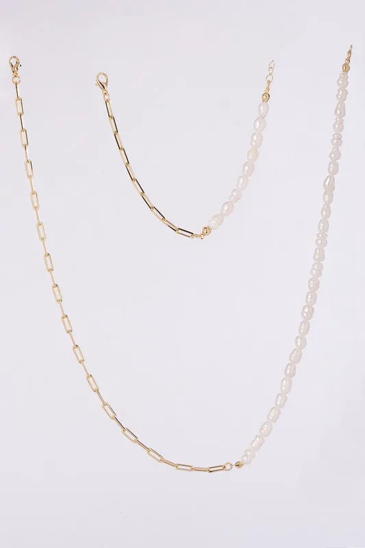 Natural pearl chain bracelet, necklace set - gold