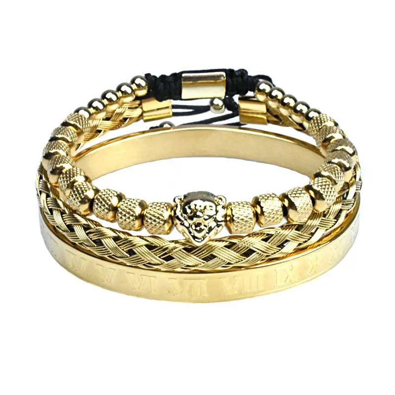 Pineapple Beads Mesh Stainless Steel Lion's Head Braided Bracelet Suit