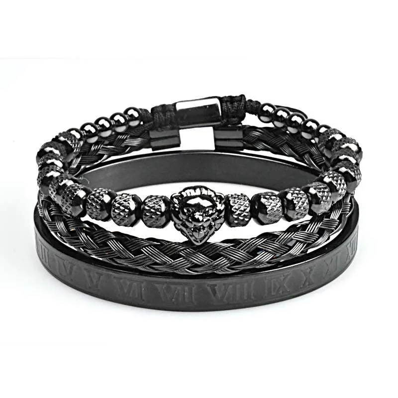 Pineapple Beads Mesh Stainless Steel Lion's Head Braided Bracelet Suit