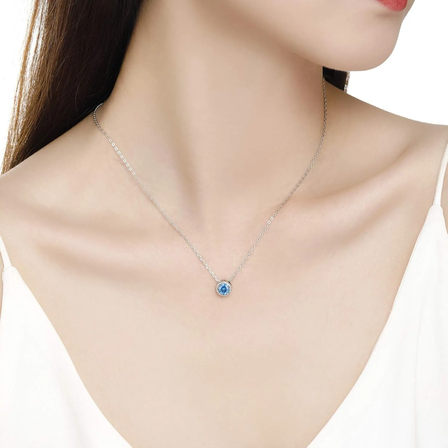 Presentski Sterling Silver Dainty Birthstone Pendant Necklace S925 White Gold Tiny Solitaire CZ Pendant Birthday Gift for Women