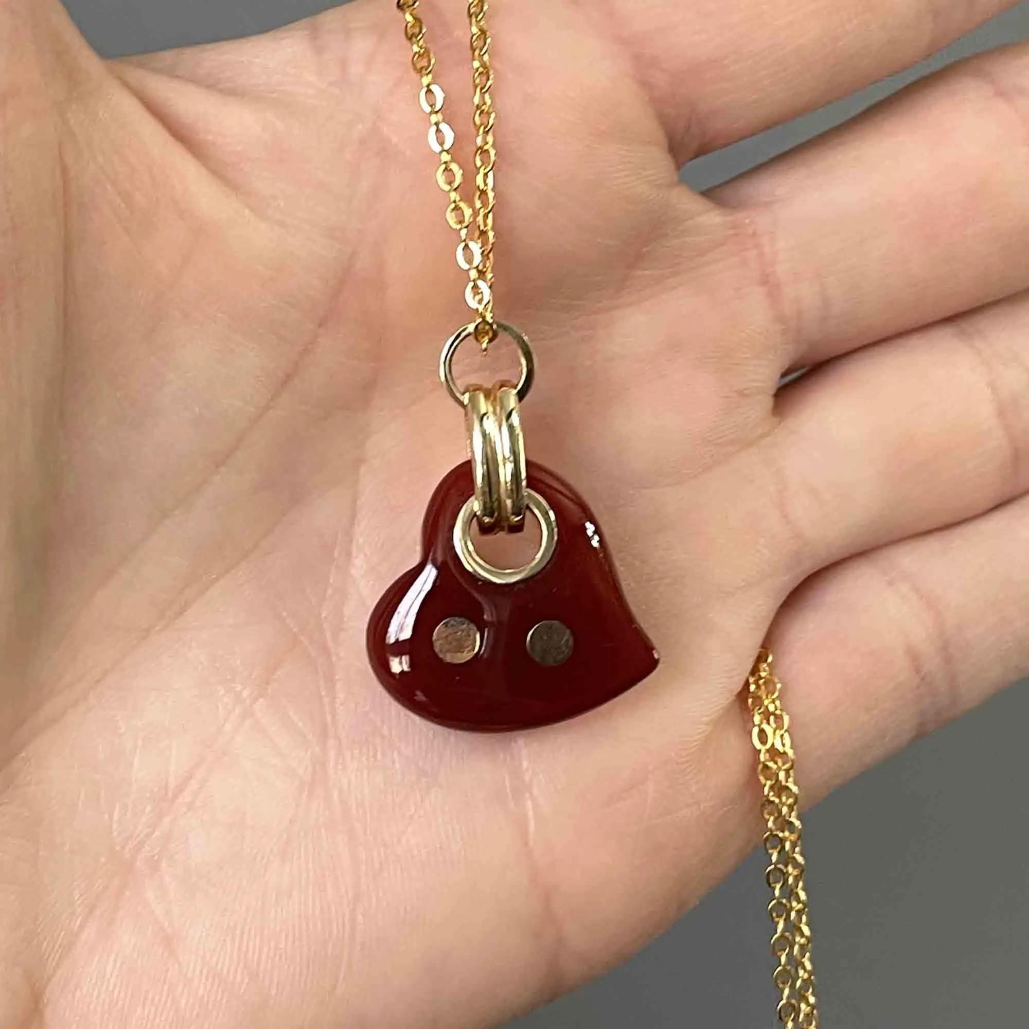 Vintage 14K Gold Red Jade Witches Heart Necklace