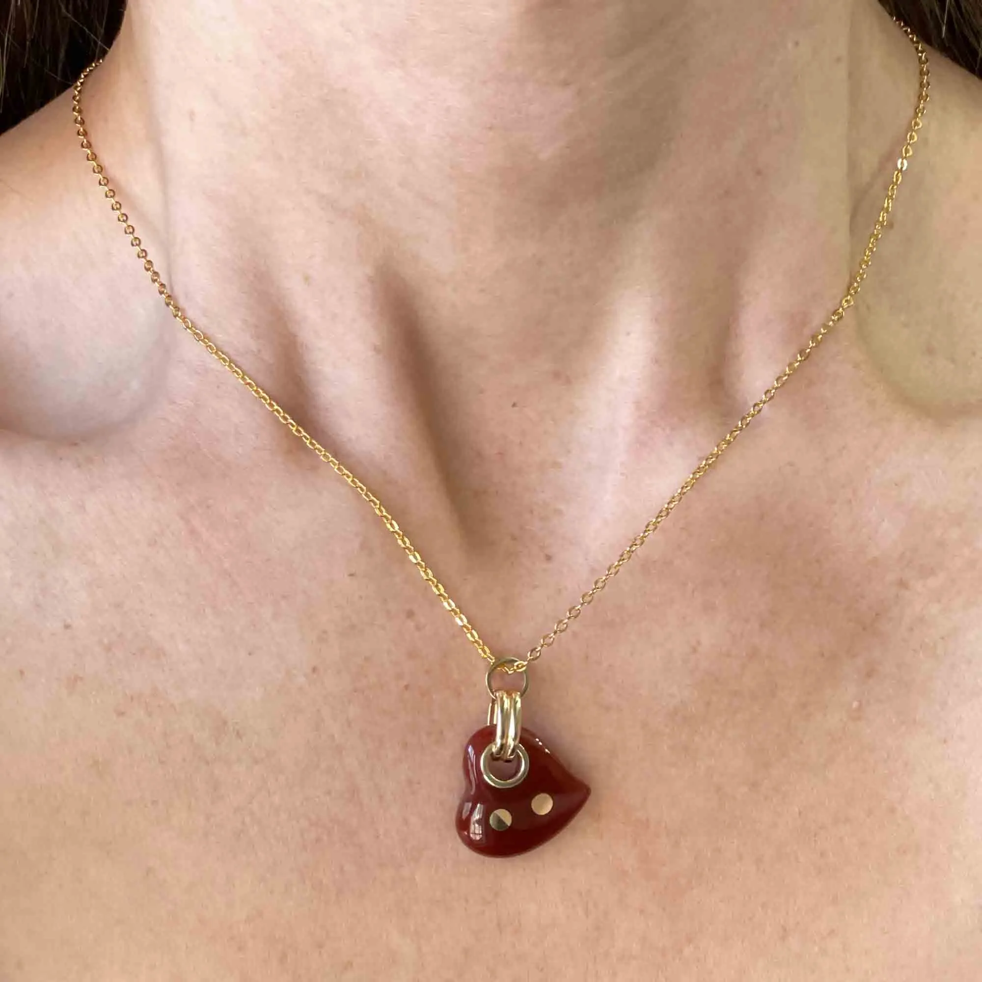 Vintage 14K Gold Red Jade Witches Heart Necklace